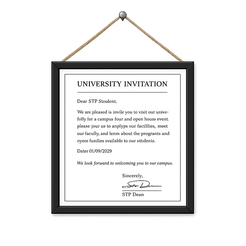 Framed university invitation letter